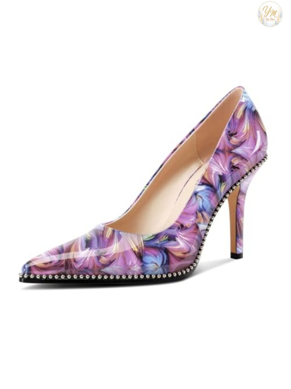 Women's Stiletto Mid Heel Pointed Toe Pumps Patent Leather Beaded Formal Heels